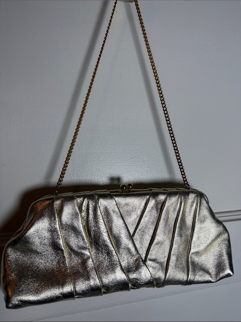 Franchi Gold Metallic Leather Evening Clutch with Chain Strap